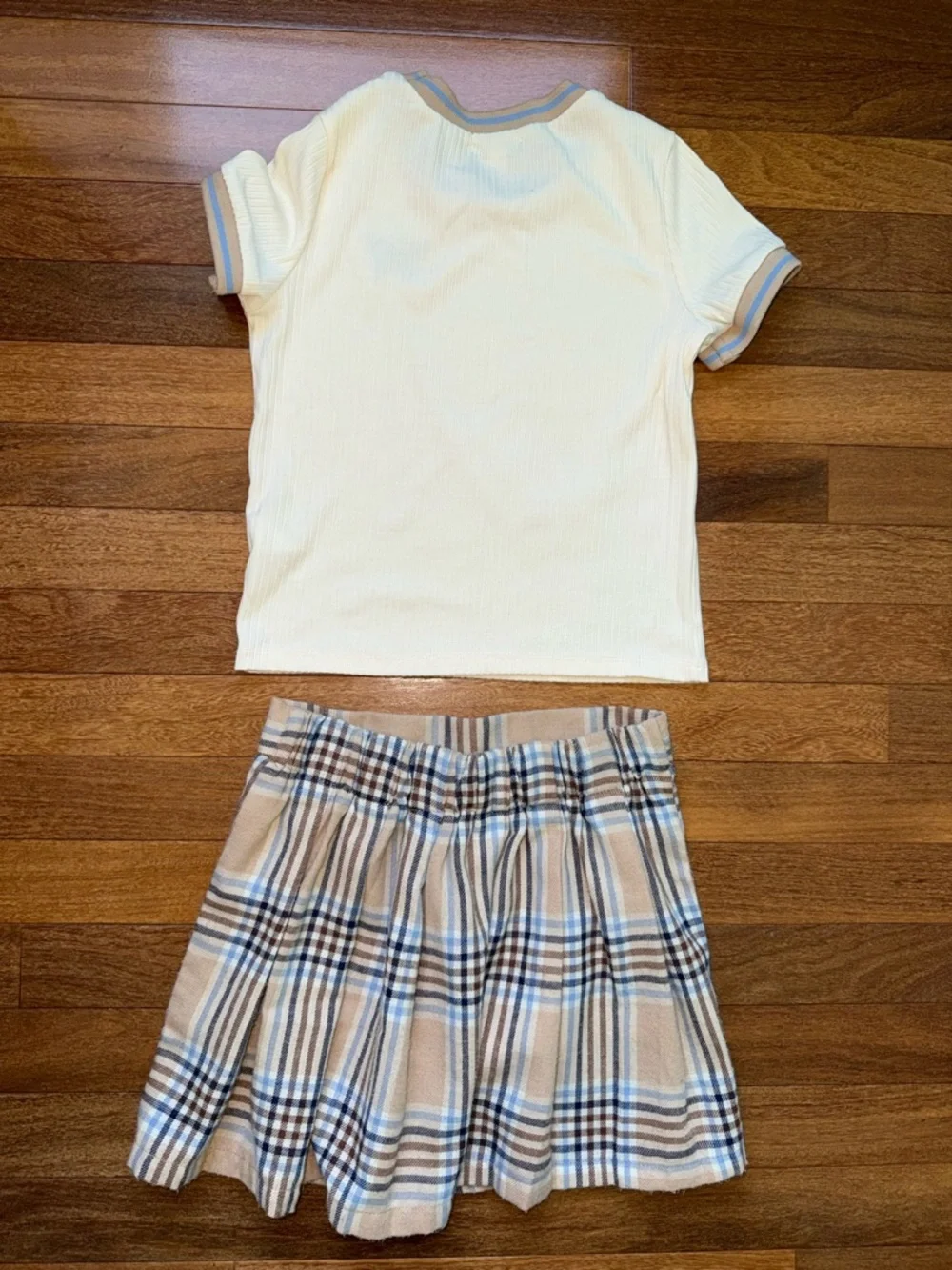 btween Cream Ribbed Tee with Tan & Blue Trim and Plaid Skort - Picture 4 of 4